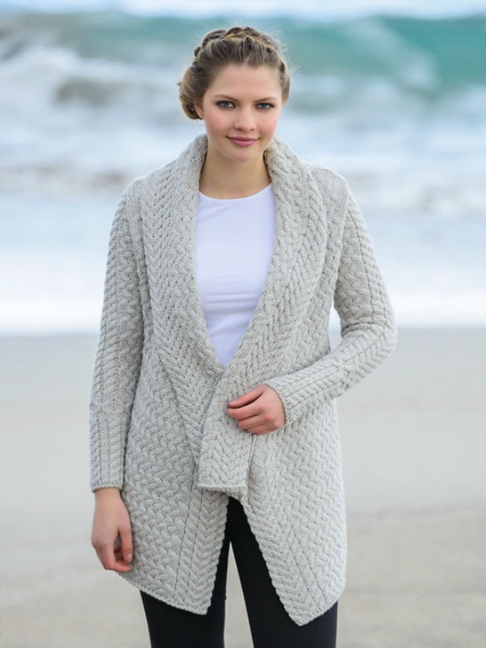 Aran Sweater Market Waterfall Cable Cardigan 100% Virgin Wool Ireland M - Picture 2 of 13